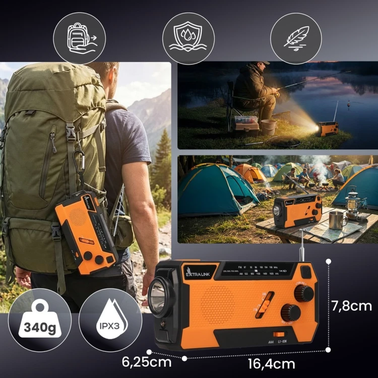 Extralink EX.93746 RADIO AWARYJNE SOLARNE Z KORBKA DYNAMO POWERBANK 4000MAH Z LATARKA SOS SR-4000 Przenośny Analogowy