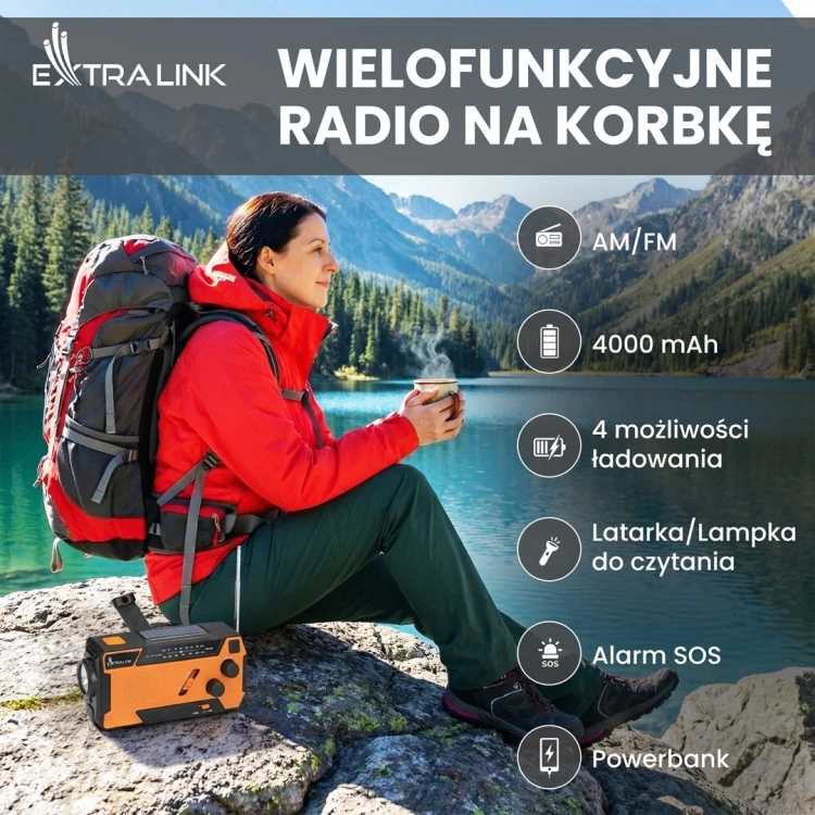 Extralink EX.93746 RADIO AWARYJNE SOLARNE Z KORBKA DYNAMO POWERBANK 4000MAH Z LATARKA SOS SR-4000 Przenośny Analogowy