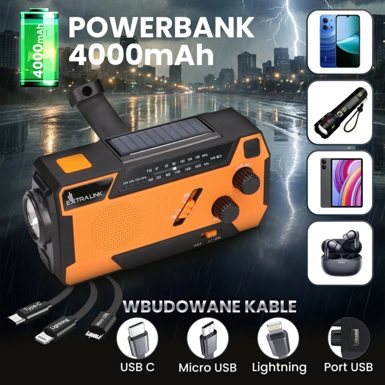 Extralink EX.93746 RADIO AWARYJNE SOLARNE Z KORBKA DYNAMO POWERBANK 4000MAH Z LATARKA SOS SR-4000 Przenośny Analogowy
