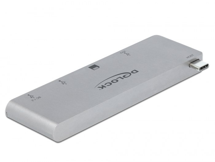 DELOCK 3 Port Hub und 2 Slot Card Reader fur MacBook mit PD 3.0 und einschiebbarem USB Type-C Anschluss