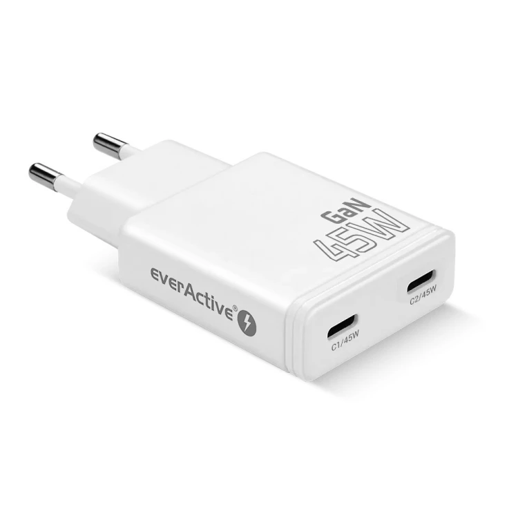 EVERACTIVE ŁADOWARKA SIECIOWA GAN SUPER SLIM 2X USB-C PD 45W BIAŁA SC-465Q