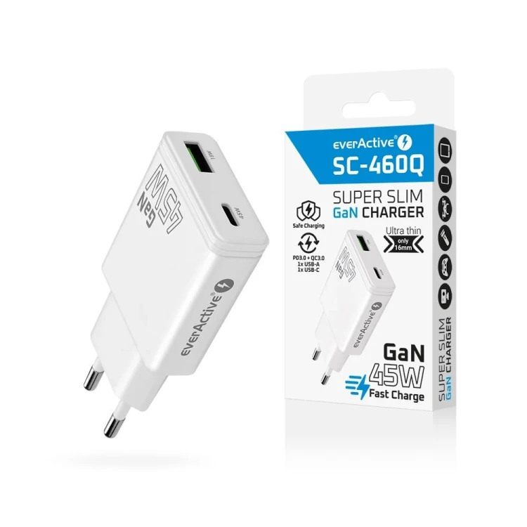 EVERACTIVE ŁADOWARKA SIECIOWA GAN 1 X USB, 1 X USB-C QUICK CHARGE 3.0 45W BIAŁA SC-460Q