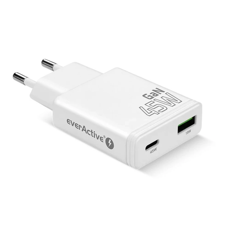 EVERACTIVE ŁADOWARKA SIECIOWA GAN 1 X USB, 1 X USB-C QUICK CHARGE 3.0 45W BIAŁA SC-460Q