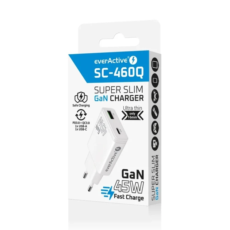 EVERACTIVE ŁADOWARKA SIECIOWA GAN 1 X USB, 1 X USB-C QUICK CHARGE 3.0 45W BIAŁA SC-460Q