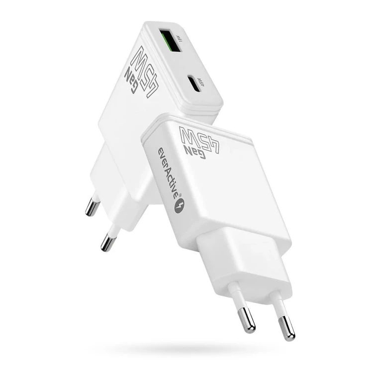 EVERACTIVE ŁADOWARKA SIECIOWA GAN 1 X USB, 1 X USB-C QUICK CHARGE 3.0 45W BIAŁA SC-460Q