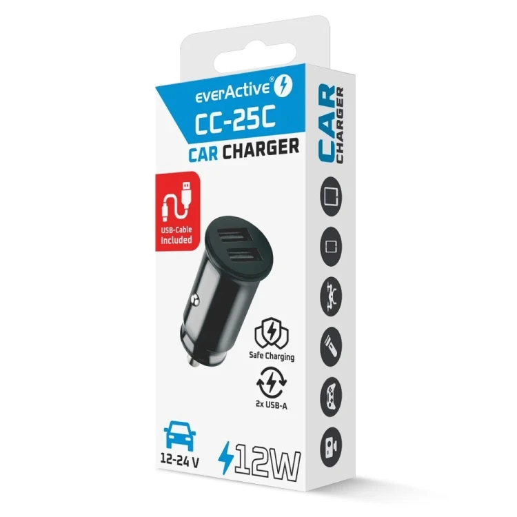 EVERACTIVE ŁADOWARKA SAMOCHODOWA 2 X USB CZARNA + KABEL CC-25C