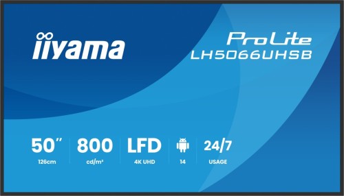 iiyama LH5066UHSB-B1AG signage display Płaski panel Digital Signage 127 cm (50") LCD Wi-Fi 800 cd/m2 4K Ultra HD Czarny Procesor wbudowany Android 24/
