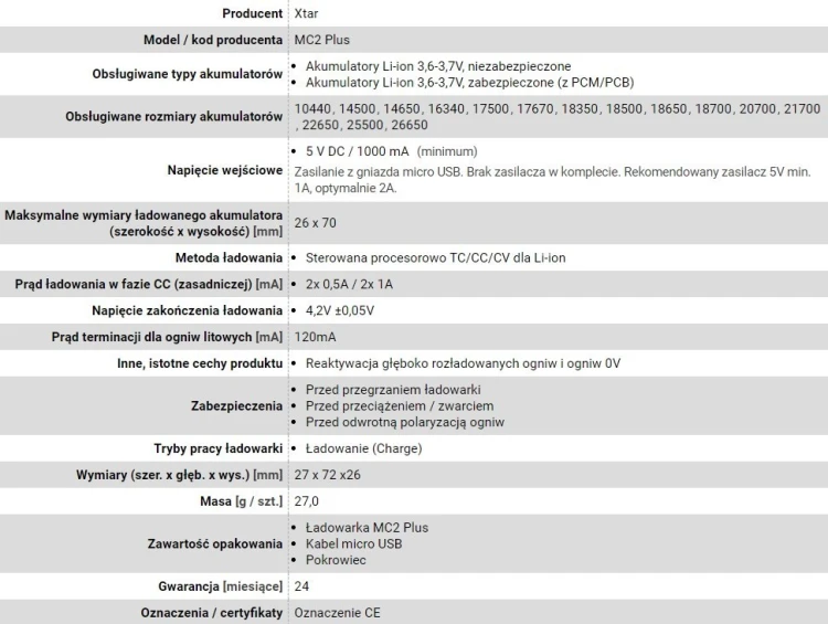 XTAR ŁADOWARKA DO AKUMULATORÓW CYLINDRYCZNYCH LI-ION MC2+