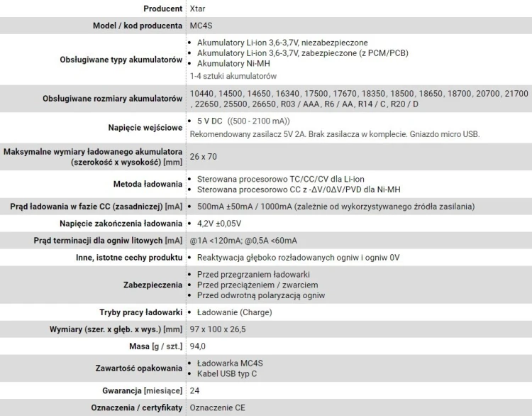 XTAR ŁADOWARKA DO AKUMULATORÓW CYLINDRYCZNYCH LI-ION MC4S