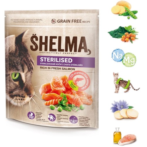 SHELMA karma sucha -  pełnoporcjowa bezzbożowa karma dla dorosłych kotów sterylizowanych. Bogata w łososia 750 g