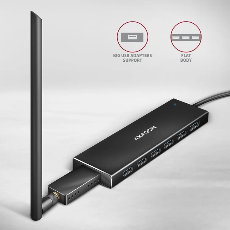 Axagon HUE-F7A 7x USB 3.2 Gen 1 ALU FLAT hub micro power IN 1m USB-A USB 3.2 Gen 1 (3.1 Gen 1) Type-A 5000 Mbit/s Czarny