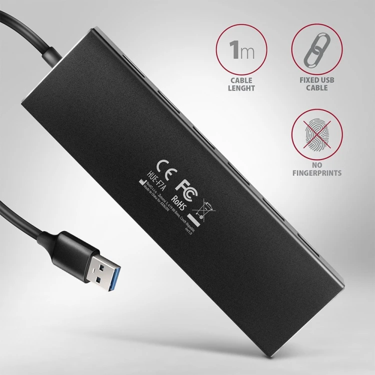 Axagon HUE-F7A 7x USB 3.2 Gen 1 ALU FLAT hub micro power IN 1m USB-A USB 3.2 Gen 1 (3.1 Gen 1) Type-A 5000 Mbit/s Czarny