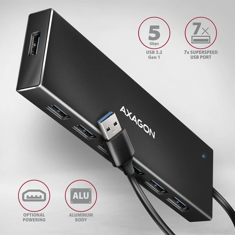 Axagon HUE-F7A 7x USB 3.2 Gen 1 ALU FLAT hub micro power IN 1m USB-A USB 3.2 Gen 1 (3.1 Gen 1) Type-A 5000 Mbit/s Czarny