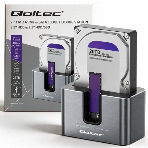 Qoltec 52631 Stacja dokująca HDD SSD | SATA | M.2 NVMe | Klonowanie | USB-C | 10Gb/s | 28TB