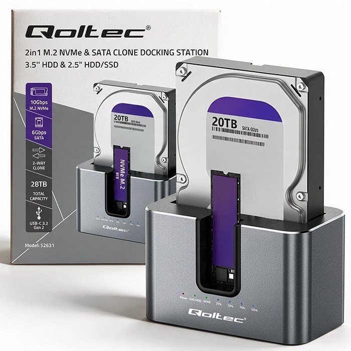 Qoltec 52631 Stacja dokująca HDD SSD | SATA | M.2 NVMe | Klonowanie | USB-C | 10Gb/s | 28TB