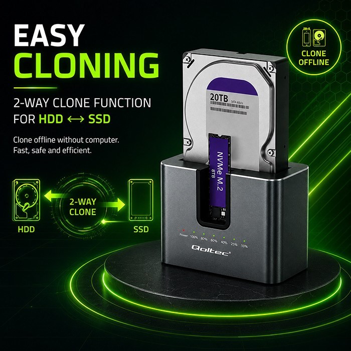Qoltec 52631 Stacja dokująca HDD SSD | SATA | M.2 NVMe | Klonowanie | USB-C | 10Gb/s | 28TB