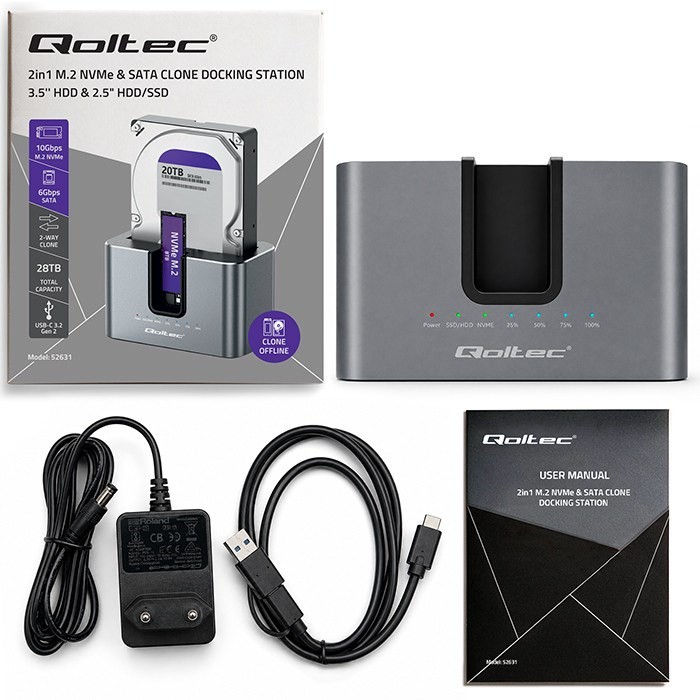 Qoltec 52631 Stacja dokująca HDD SSD | SATA | M.2 NVMe | Klonowanie | USB-C | 10Gb/s | 28TB