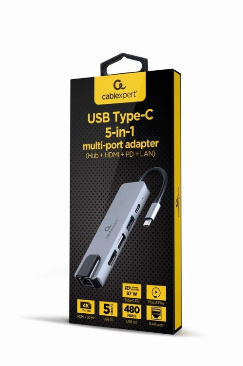 GEMBIRD A-CM-COMBO5-04 MULTI ADAPTER USB TYP-C 5W1 (HUB + HDMI + PD + CZYTNIK KART + LAN) SREBRNY