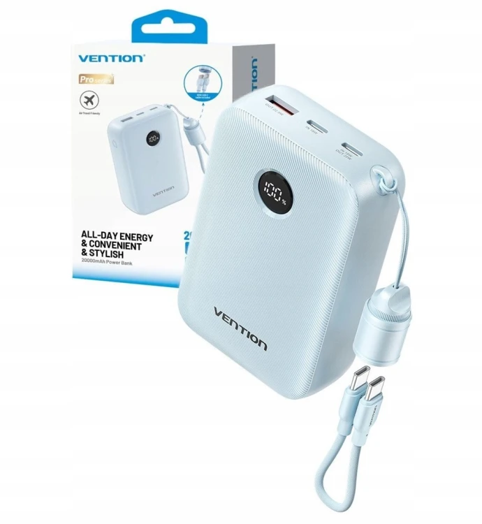 Powerbank Vention 20000mAh 2 x USB-C 1x USB-A z wyświetlaczem 22,5W niebieski
