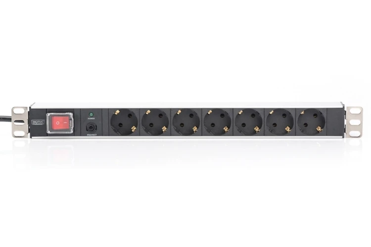 Digitus Listwa zasilająca PDU 19" Rack, 7x gniazdo schuko, 2.0m, 1x wtyk unischuko, 16A, wł./wył., zabezpieczenie przeciążeniowe, profil aluminiowy