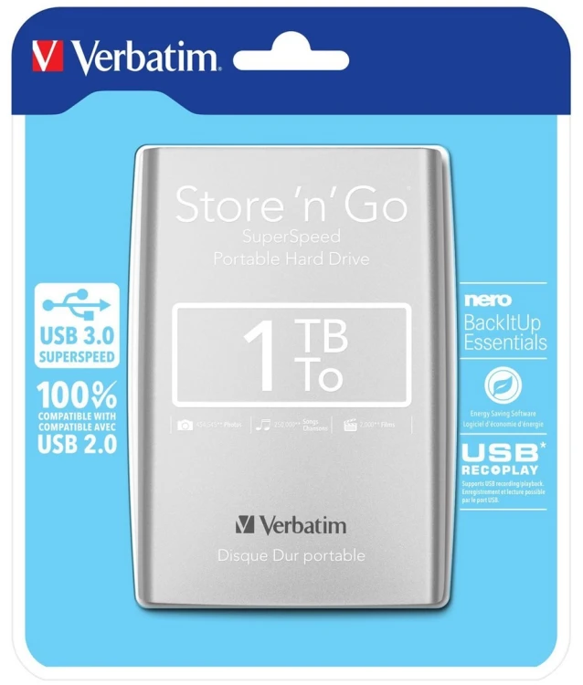 Dysk zewnętrzny Verbatim 53071 (1 TB; 2.5"; USB 2.0, USB 3.0; 5400 obr/min; kolor srebrny)
