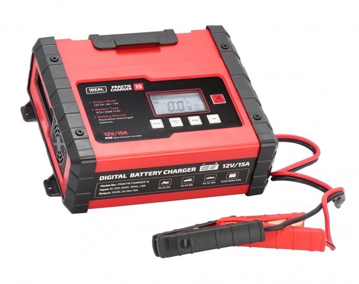 Prostownik PRAKTIK CHARGER 15 LCD, napięcie ładowania: 12 V IDEAL, prąd ładowania: 2/8/15A, napięcie zasilania: 230V, rodzaj akumulatora: AGM/EFB/GEL/