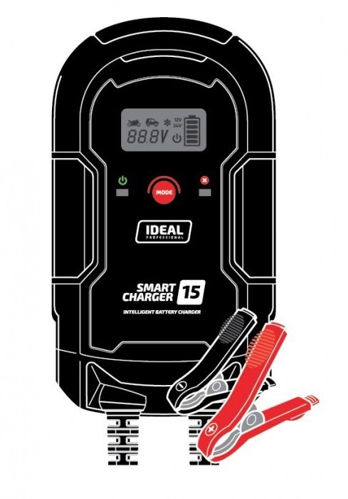 Prostownik SMART CHARGE 15 LCD, napięcie ładowania: 12/24 V IDEAL, prąd ładowania: 8/15A, napięcie zasilania: 230V, rodzaj akumulatora: AGM/GEL/MF/WEL
