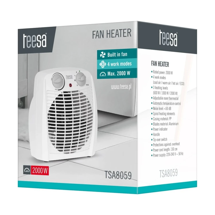 TEESA TERMOWENTYLATOR  0,8KW/1,2KW/2KW BIAŁY TSA8059