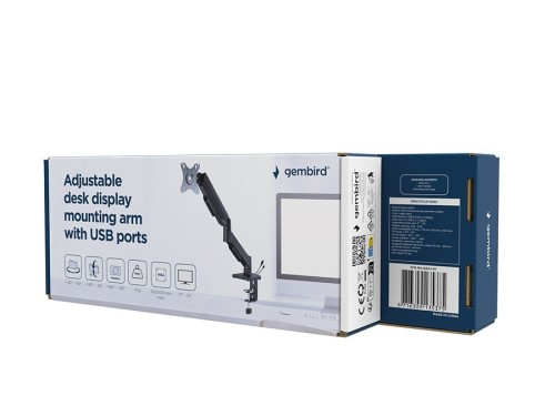 GEMBIRD BIURKOWE REGULOWANE RAMIĘ/UCHWYT NA MONITOR Z PORTAMI USB (REGULOWANE), OD 17" DO 32", OBCIĄŻENIE DO 9KG