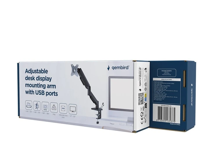 GEMBIRD BIURKOWE REGULOWANE RAMIĘ/UCHWYT NA MONITOR Z PORTAMI USB (REGULOWANE), OD 17" DO 32", OBCIĄŻENIE DO 9KG