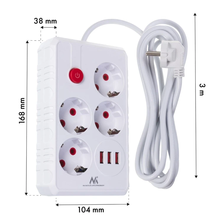 MACLEAN LISTWA ZASILAJĄCA, PRZEDŁUŻACZ 4 GNIAZDA + 3XUSB, 110-240V AC 50/60HZ, 2.1A MAX 2500W, 3M, BIAŁA MCE393 W