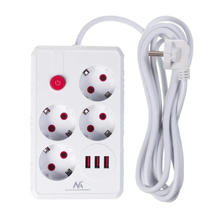 MACLEAN LISTWA ZASILAJĄCA, PRZEDŁUŻACZ 4 GNIAZDA + 3XUSB, 110-240V AC 50/60HZ, 2.1A MAX 2500W, 3M, BIAŁA MCE393 W