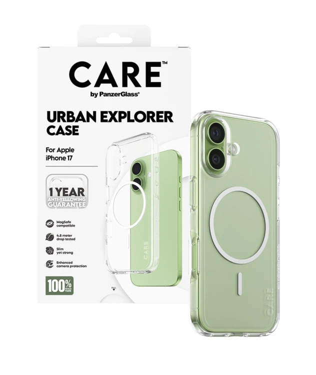PanzerGlass CARE™ by ® Urban Explorer Case Transparent w. White MagSafe iPhone 17 pokrowiec na telefon komórkowy Przezroczysty