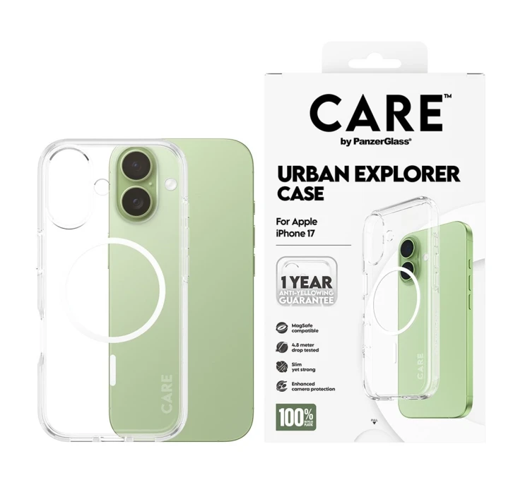 PanzerGlass CARE™ by ® Urban Explorer Case Transparent w. White MagSafe iPhone 17 pokrowiec na telefon komórkowy Przezroczysty