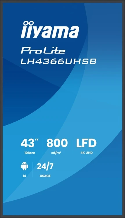 iiyama LH4366UHSB-B1AG signage display Płaski panel Digital Signage 109,2 cm (43") LCD Wi-Fi 800 cd/m2 4K Ultra HD Czarny Procesor wbudowany Android 2