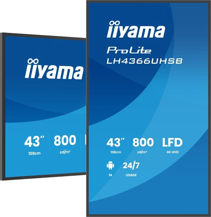 iiyama LH4366UHSB-B1AG signage display Płaski panel Digital Signage 109,2 cm (43") LCD Wi-Fi 800 cd/m2 4K Ultra HD Czarny Procesor wbudowany Android 2