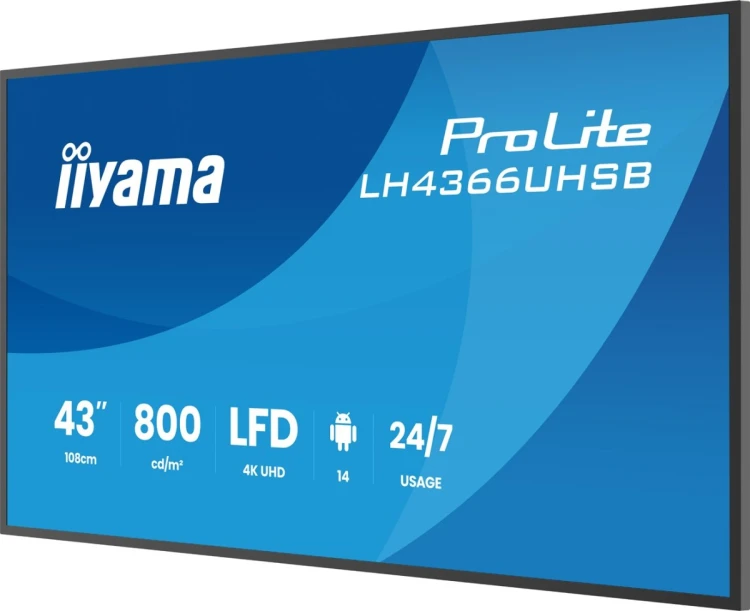 iiyama LH4366UHSB-B1AG signage display Płaski panel Digital Signage 109,2 cm (43") LCD Wi-Fi 800 cd/m2 4K Ultra HD Czarny Procesor wbudowany Android 2