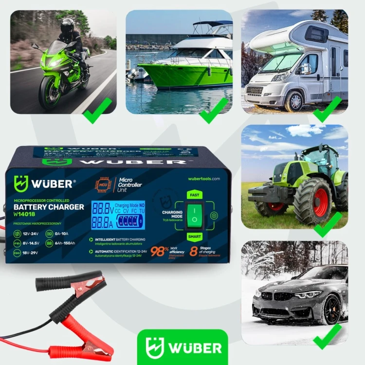 Prostownik mikroprocesorowy samochodowy 10A 6-150 Ah 2-24 V W14018 WUBER