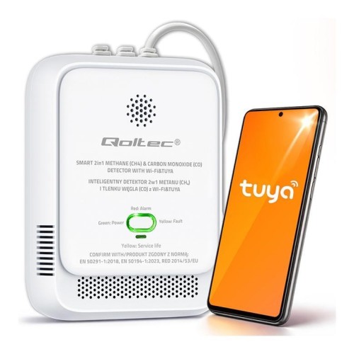 QOLTEC CZUJNIK WYCIEKU GAZU ZIEMNEGO I TLENKU WĘGLA (CZADU) | TUYA | WI-FI | ALARM 85DB | LED