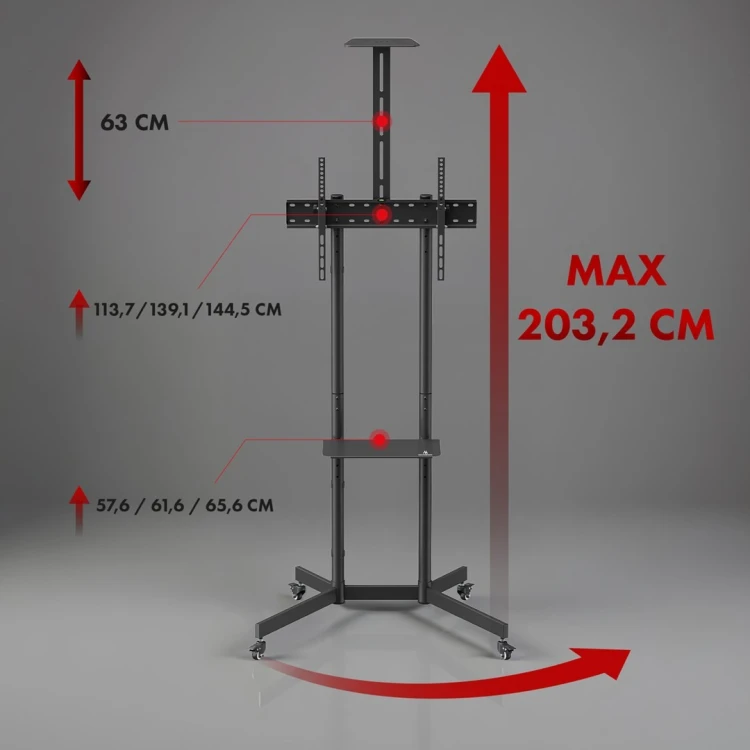 Stand / wózek do TV Maclean, półka na kamerę, na kółkach, 37-70", max. obciążenie 45kg/5kg półka, max. VESA 600x400, MC-113 B
