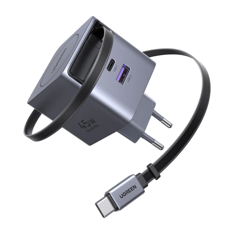 Ładowarka sieciowa GaN Ugreen X614, USB-C + USB, 45W, ze zwijanym kablem (szara)