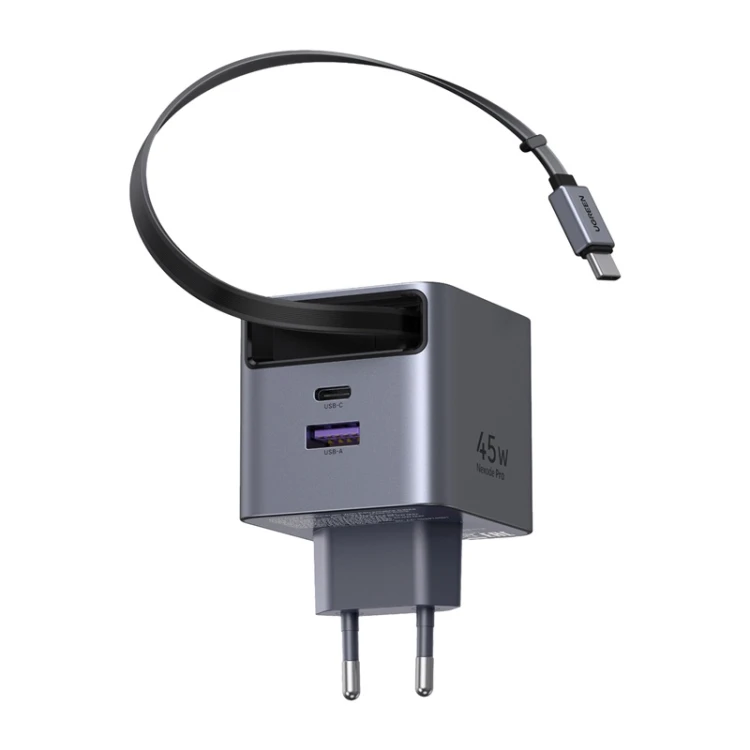 Ładowarka sieciowa GaN Ugreen X614, USB-C + USB, 45W, ze zwijanym kablem (szara)