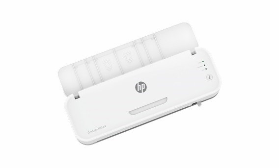 HP ONELAM Laminator 400 A4, na zimno/ciepło, zintegrowany trymer, zaokrąglacz rogów, prędkość 40cm/min + 15 folii: 3xA4, 4xA5, 4xA6, 4xB-CARD, biały