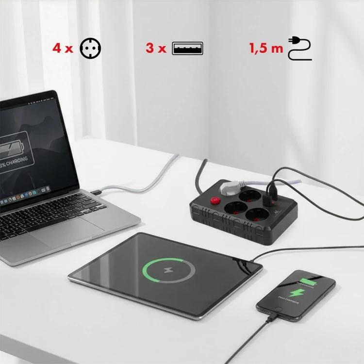 MACLEAN LISTWA ZASILAJĄCA, PRZEDŁUŻACZ 4 GNIAZDA + 3XUSB, 110-240V AC 50/60HZ, 2.1A MAX 2500W, 1,5M, CZARNA MCE392 B