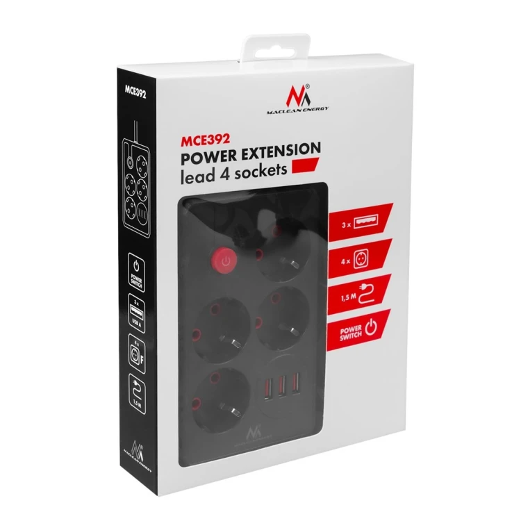 MACLEAN LISTWA ZASILAJĄCA, PRZEDŁUŻACZ 4 GNIAZDA + 3XUSB, 110-240V AC 50/60HZ, 2.1A MAX 2500W, 1,5M, CZARNA MCE392 B