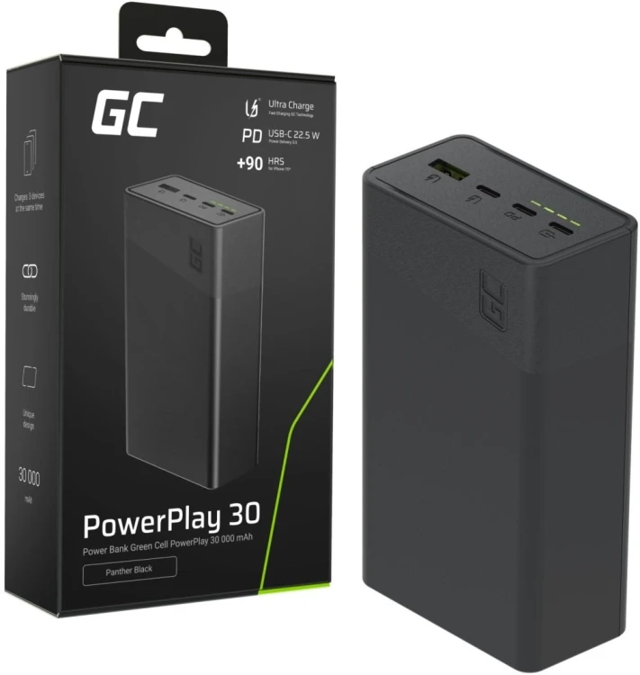 Powerbank Greencell PowerPlay 30 - czarny 30 000mAh, 22,5W, 4 porty