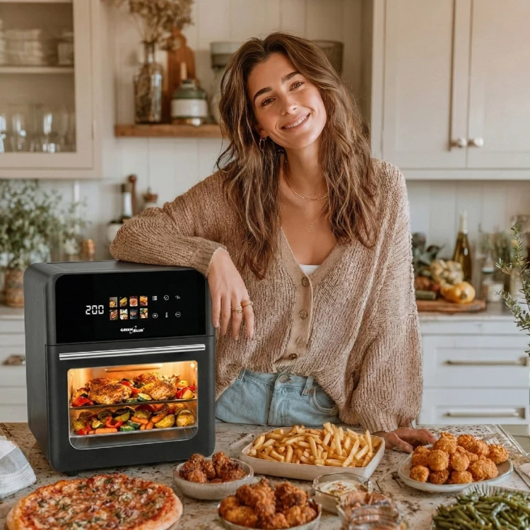GREENBLUE FRYTKOWNICA BEZTŁUSZCZOWA AIR FRYER, MOCNA 1800W, POJEMNOŚĆ 10L, 8 PROGRAMÓW, AKCESORIA, TIMER GB950
