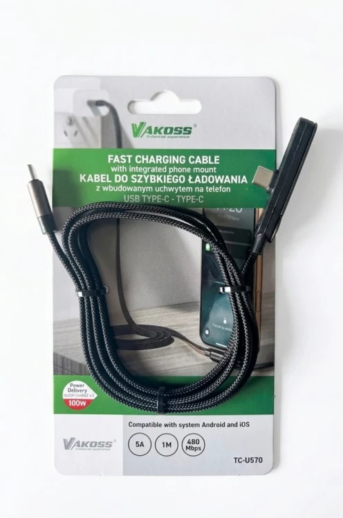 VAKOSS KABEL Z FUNKCJĄ STOJAKA 2XTYPE-C 1M 100W 5A