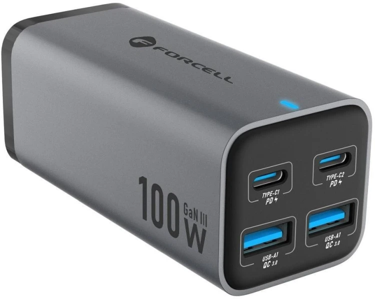 Ładowarka biurkowa Forcell F-Energy GaN III 2x USB-C 2x USB-A QC 4.0 PD 5A 100W VT-49 szara