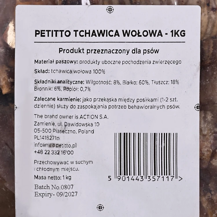 PETITTO Tchawica Wołowa - przysmak dla psa - 1kg